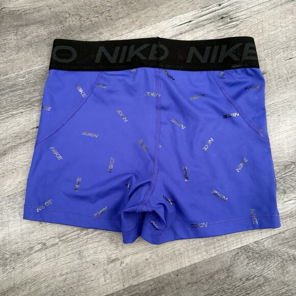 NIKE PRO Dri-Fit Training Shorts Womens Medium 3” Inseam Metallic Logo Purple - Picture 7 of 7